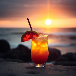 Tequila Sunrise Cocktail at the beach with an orange garnish