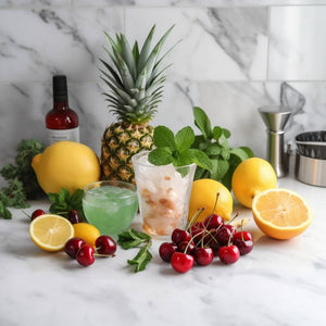essential cocktail igredients on a marble counter top