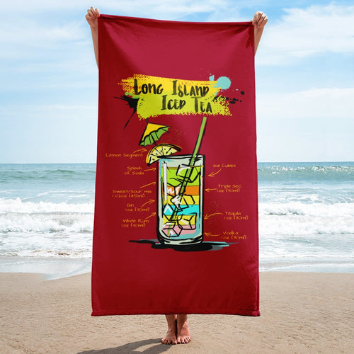 Woman holding carmine red long island iced tea beach towel
