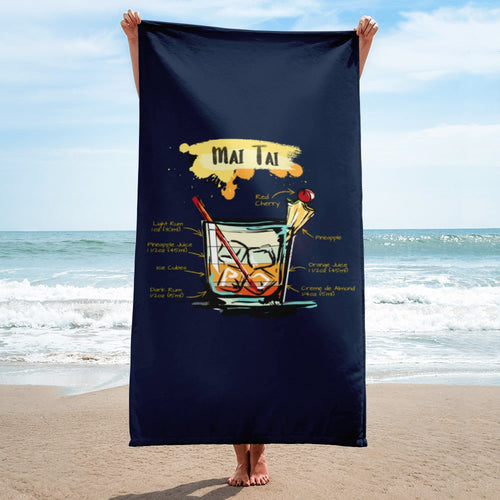 Woman holding navy blue mai tai beach towel