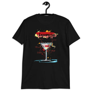 Black cosmopolitan cocktail t-shirt hanging on a hanger