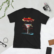 Load image into Gallery viewer, Black t-shirt for women with cosmopolitan sketched on it laying between things