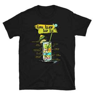 Black t-shirt for men with long island iced tea sketched on it 