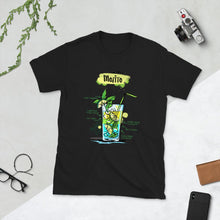 Load image into Gallery viewer, Black t-shirt for men with Mojito sketched on it laying between things