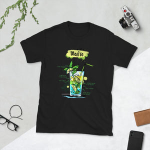 Black t-shirt for men with Mojito sketched on it laying between things
