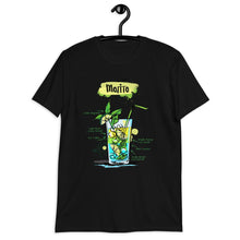 Load image into Gallery viewer, Black t-shirt for men with Mojito sketched on it hanging on a hanger