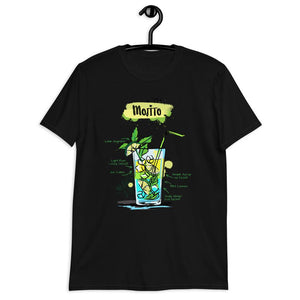 Black t-shirt for men with Mojito sketched on it hanging on a hanger