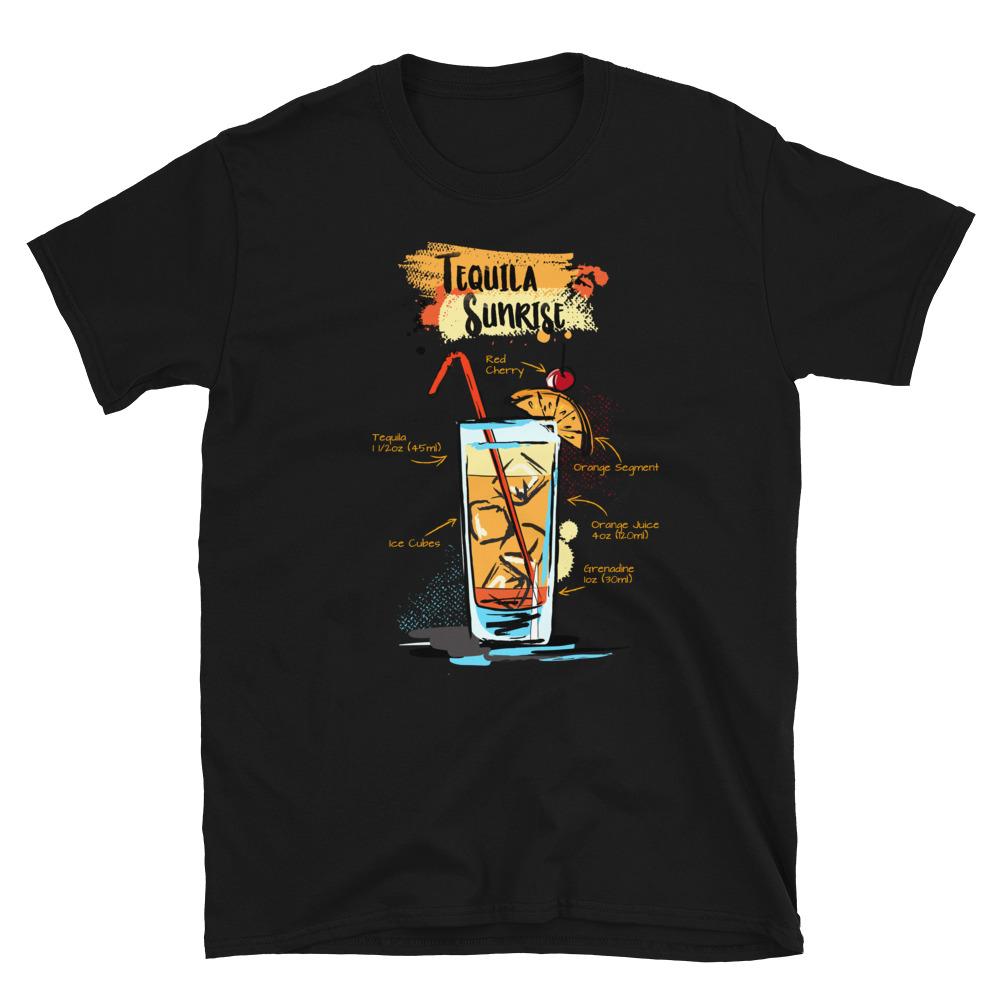 Black t-shirt for women with Tequila Sunrise cocktail sketched on it