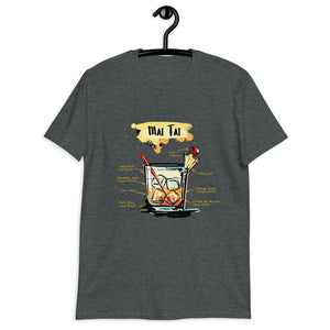 Dark heather t-shirt for men with Mai Tai sketched on it, hanging on a hanger