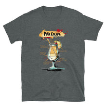 Load image into Gallery viewer, Dark heather t-shirt for men with Pina Colada sketched on it