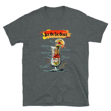 Load image into Gallery viewer, Dark heather t-shirt for men with Sex on the Beach cocktail sketched on it