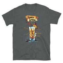 Load image into Gallery viewer, Dark heather t-shirt for men with Tequila Sunrise cocktail sketched on it