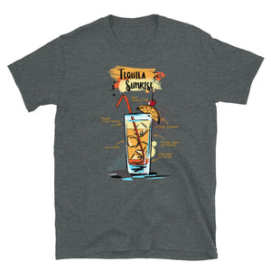 Dark heather t-shirt for men with Tequila Sunrise cocktail sketched on it