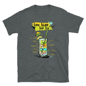 Dark heather t-shirt for men with the long island iced tea sketched on it