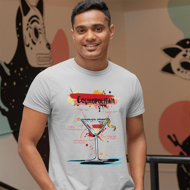 Smiling man wearing our white cosmopolitan cocktail t-shirt 
