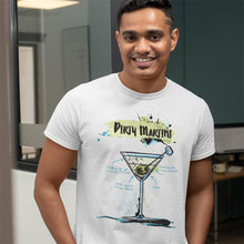 Load image into Gallery viewer, Smiling man wearing a white shirt with a dirty martini sketched on it