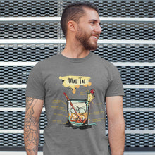 Load image into Gallery viewer, Smiling man wearing our dark heather t-shirt for men with Mai Tai sketched on it