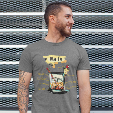 Smiling man wearing our dark heather t-shirt for men with Mai Tai sketched on it