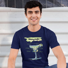 Load image into Gallery viewer, Man smiling while wearing our black t-shirt for men with Margarita sketched on it