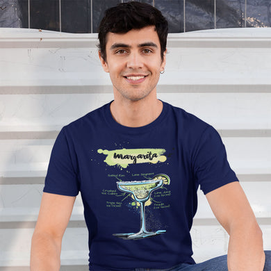 Man smiling while wearing our black t-shirt for men with Margarita sketched on it
