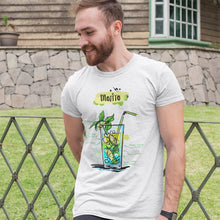 Load image into Gallery viewer, Smiling man wearing our white t-shirt with a mojito and its ingredients sketched on it