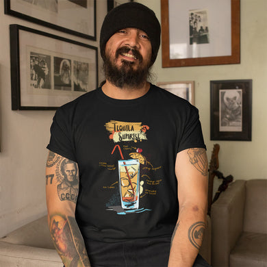 Tough man wearing our black t-shirt with Tequila Sunrise cocktail sketched on it