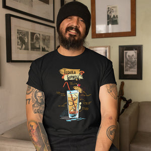 Tough man wearing our black t-shirt with Tequila Sunrise cocktail sketched on it