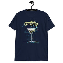Load image into Gallery viewer, Navy blue t-shirt with dirty martini on it hanging on a hanger
