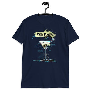 Navy blue t-shirt with dirty martini on it hanging on a hanger