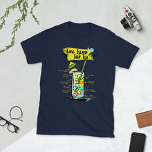 Load image into Gallery viewer, Navy blue t-shirt with long island iced tea sketched on it laying between things