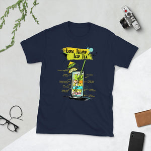 Navy blue t-shirt with long island iced tea sketched on it laying between things