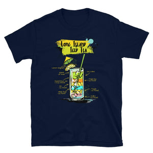 Navy blue t-shirt for men with the long island iced tea sketched on it
