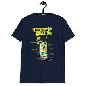 Navy blue t-shirt for women with Long Island Iced Tea sketched on it hanging on a hanger