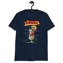 Load image into Gallery viewer, Navy blue t-shirt for men with Sex on the Beach cocktail sketched on it hanging on a hanger