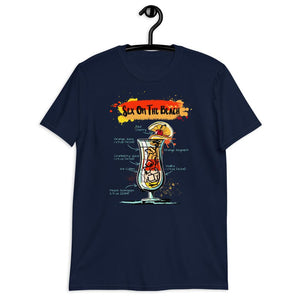 Navy blue t-shirt for men with Sex on the Beach cocktail sketched on it hanging on a hanger