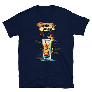 Navy blue t-shirt for women with Tequila Sunrise cocktail sketched on it