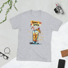 Load image into Gallery viewer, Sport grey t-shirt for men with Tequila Sunrise cocktail sketched on it laying between stuff