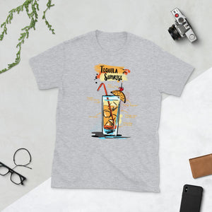 Sport grey t-shirt for men with Tequila Sunrise cocktail sketched on it laying between stuff
