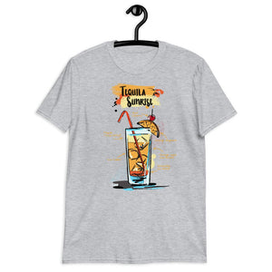 Sport grey t-shirt for men with Tequila Sunrise cocktail sketched on it hanging on a hanger