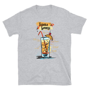 Sport grey t-shirt for women with Tequila Sunrise cocktail sketched on it