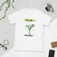 Load image into Gallery viewer, White t-shirt for men with Margarita sketched on it, laying between thinsg.