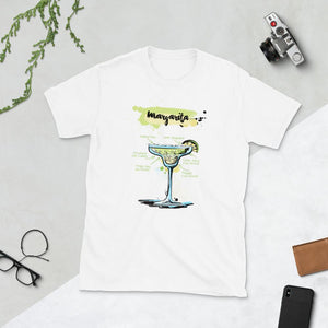 White t-shirt for men with Margarita sketched on it, laying between thinsg.