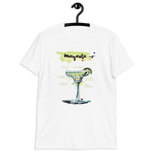Load image into Gallery viewer, White t-shirt for men with Margarita sketched on it, hanging on a hanger.