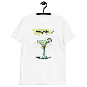 White t-shirt for men with Margarita sketched on it, hanging on a hanger.