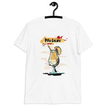 Load image into Gallery viewer, White t-shirt for men with Pina Colada sketched on it hanging on a hanger