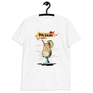 White t-shirt for men with Pina Colada sketched on it hanging on a hanger