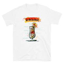 Load image into Gallery viewer, White t-shirt for men with Sex on the Beach cocktail sketched on it