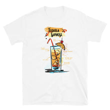 Load image into Gallery viewer, White t-shirt for men with Tequila Sunrise cocktail sketched on it