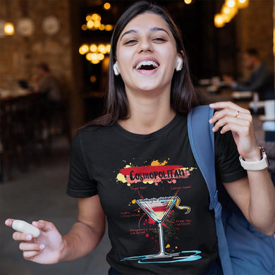 Woman laughing and wearing our black cosmopolitan t-shirt