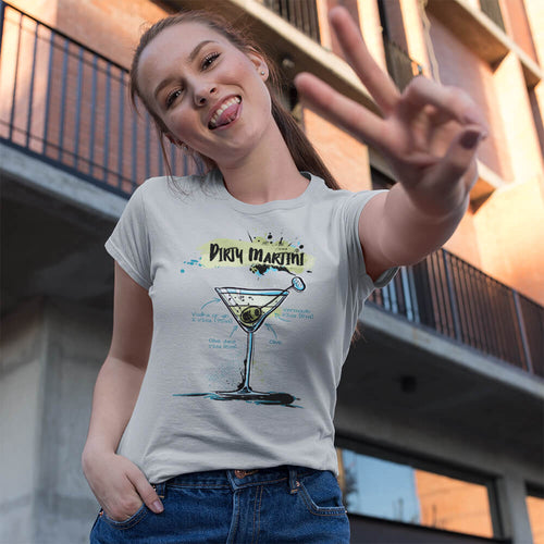 Woman wearing our sport grey Dirty Martini cocktail t-shirt